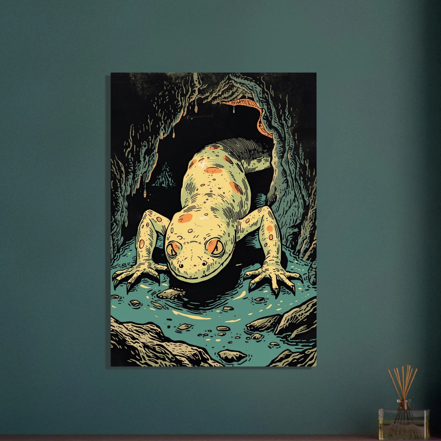 Grottsalamander i mörk grotta, mystisk och detaljerad illustration