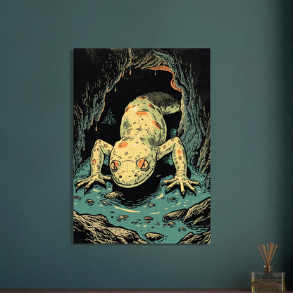 Grottsalamander i mörk grotta, mystisk och detaljerad illustration
