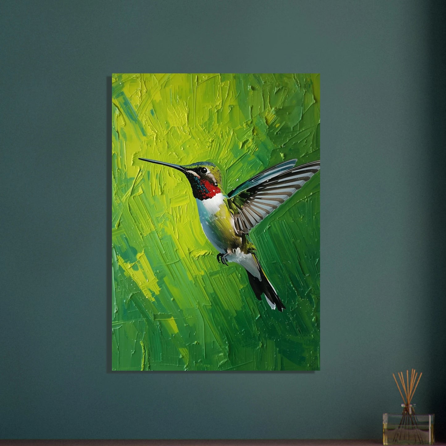 Kolibri i flykt, målad med palettknivsteknik på grön bakgrund