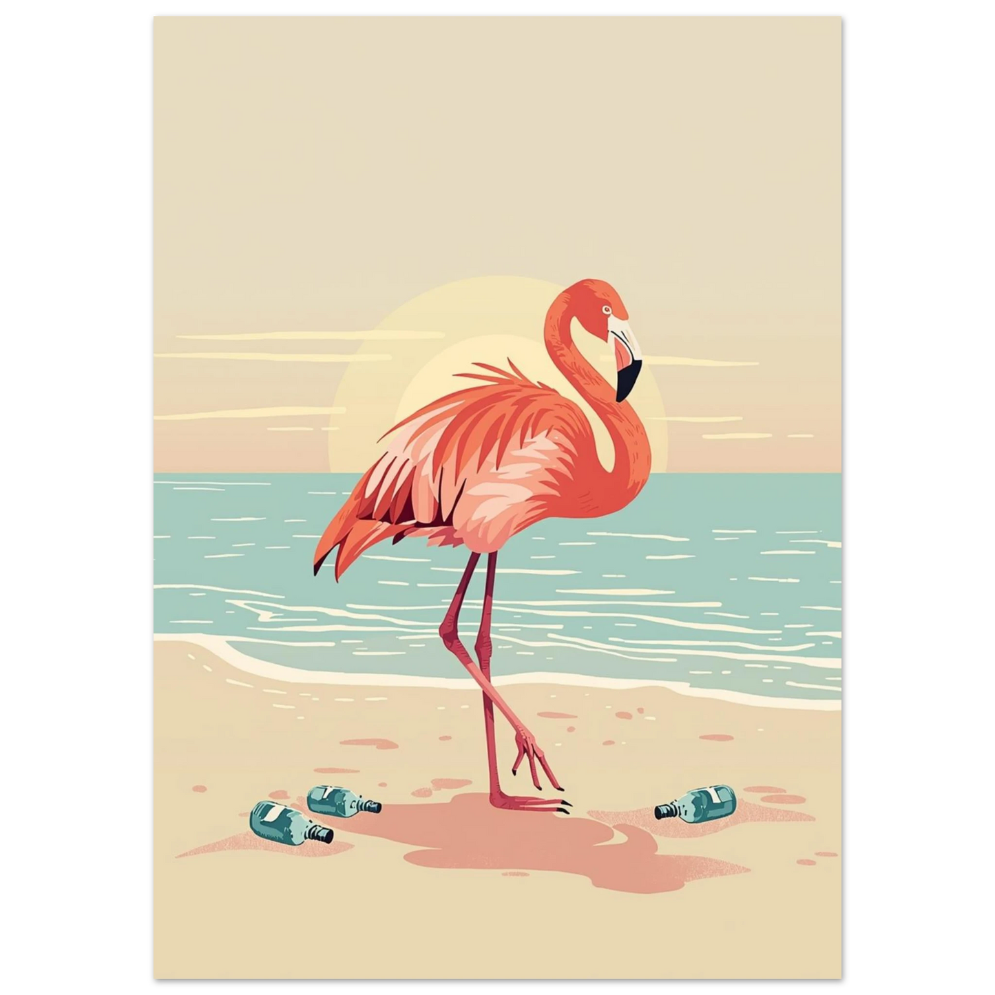 Snygg flamingoillustration med solnedgång och flaskor på stranden – djurmotiv