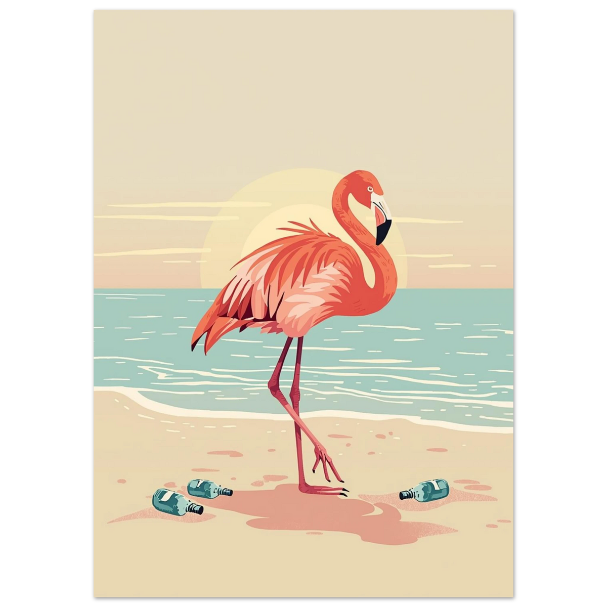 Snygg flamingoillustration med solnedgång och flaskor på stranden – djurmotiv