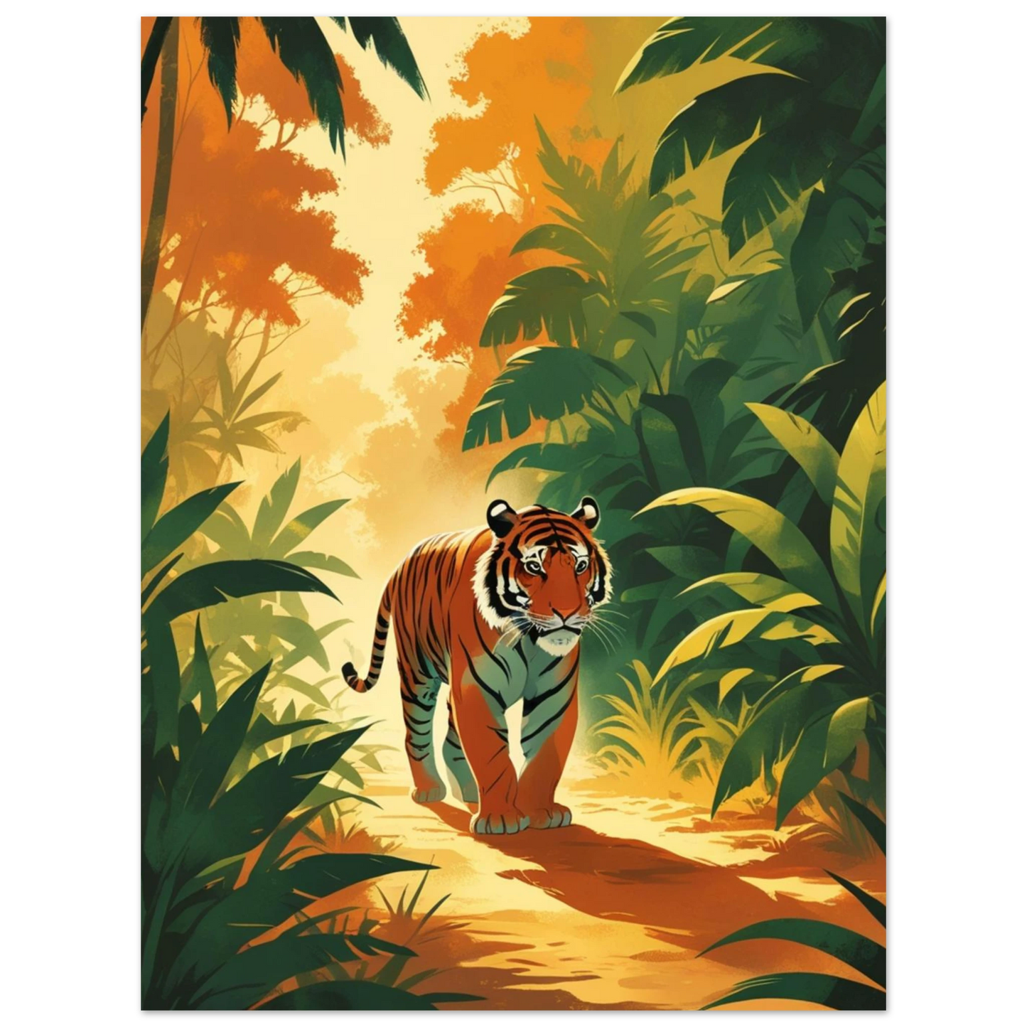 Vintageinspirerat konsttryck av en tiger i ett exotiskt djungellandskap