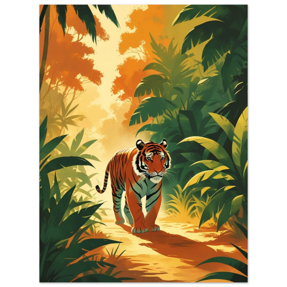 Vintageinspirerat konsttryck av en tiger i ett exotiskt djungellandskap