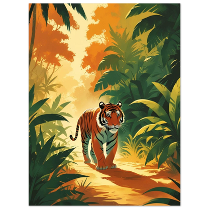 Vintageinspirerat konsttryck av en tiger i ett exotiskt djungellandskap