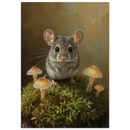 Söt skogsmus på mossa bland glödande svampar – målad poster