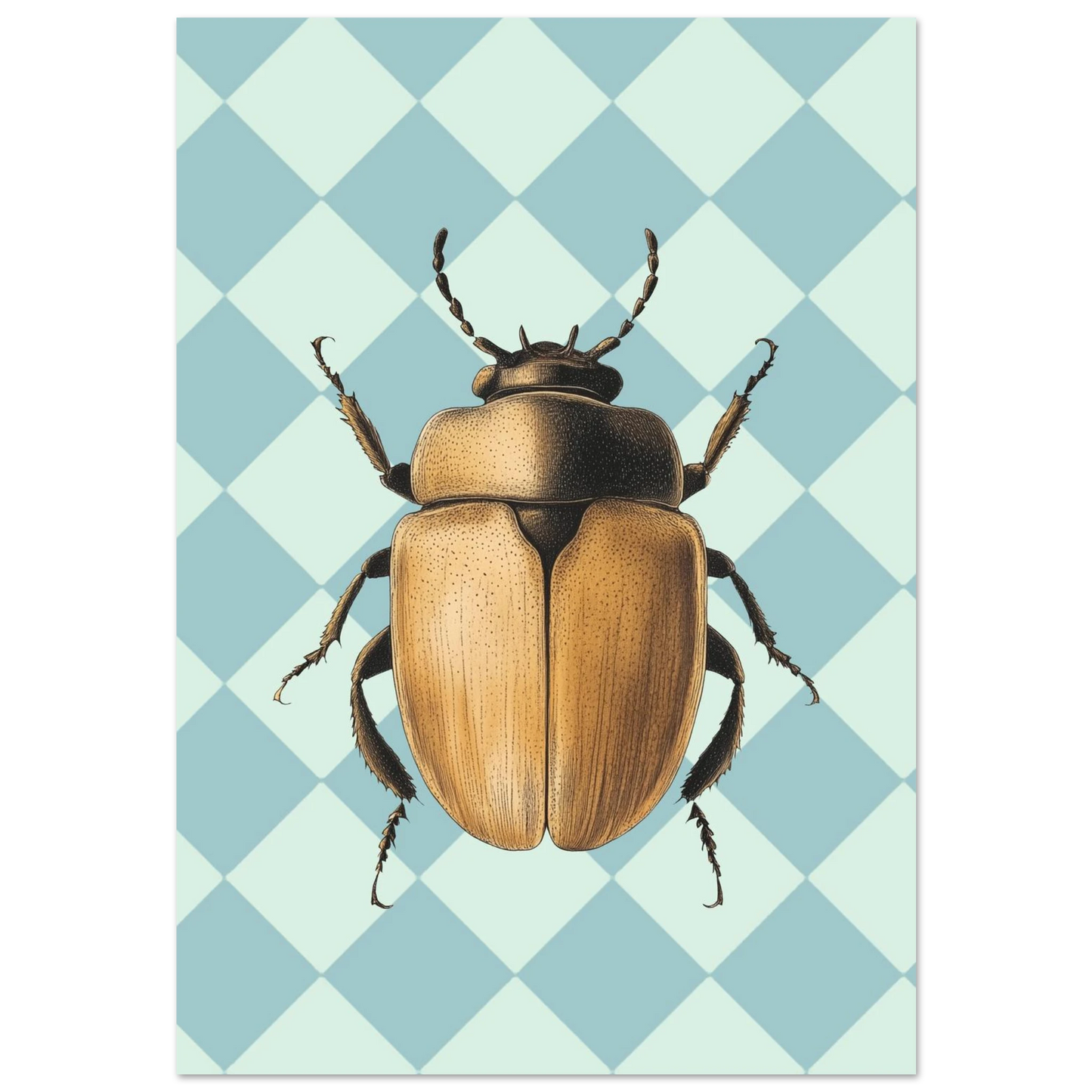 Gyllenbrun skalbagge i detaljerad illustration mot blåvitrutig bakgrund, grafiskt djurmotiv