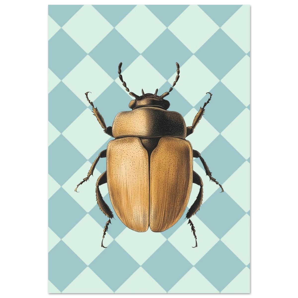 Gyllenbrun skalbagge i detaljerad illustration mot blåvitrutig bakgrund, grafiskt djurmotiv