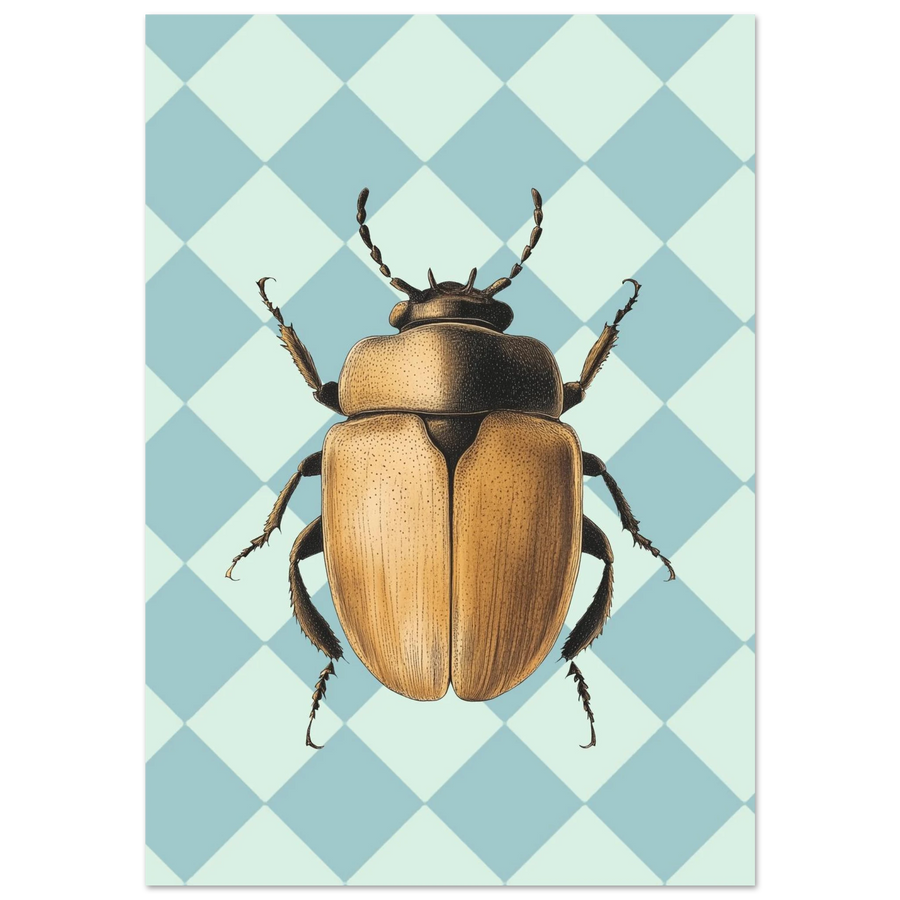 Gyllenbrun skalbagge i detaljerad illustration mot blåvitrutig bakgrund, grafiskt djurmotiv