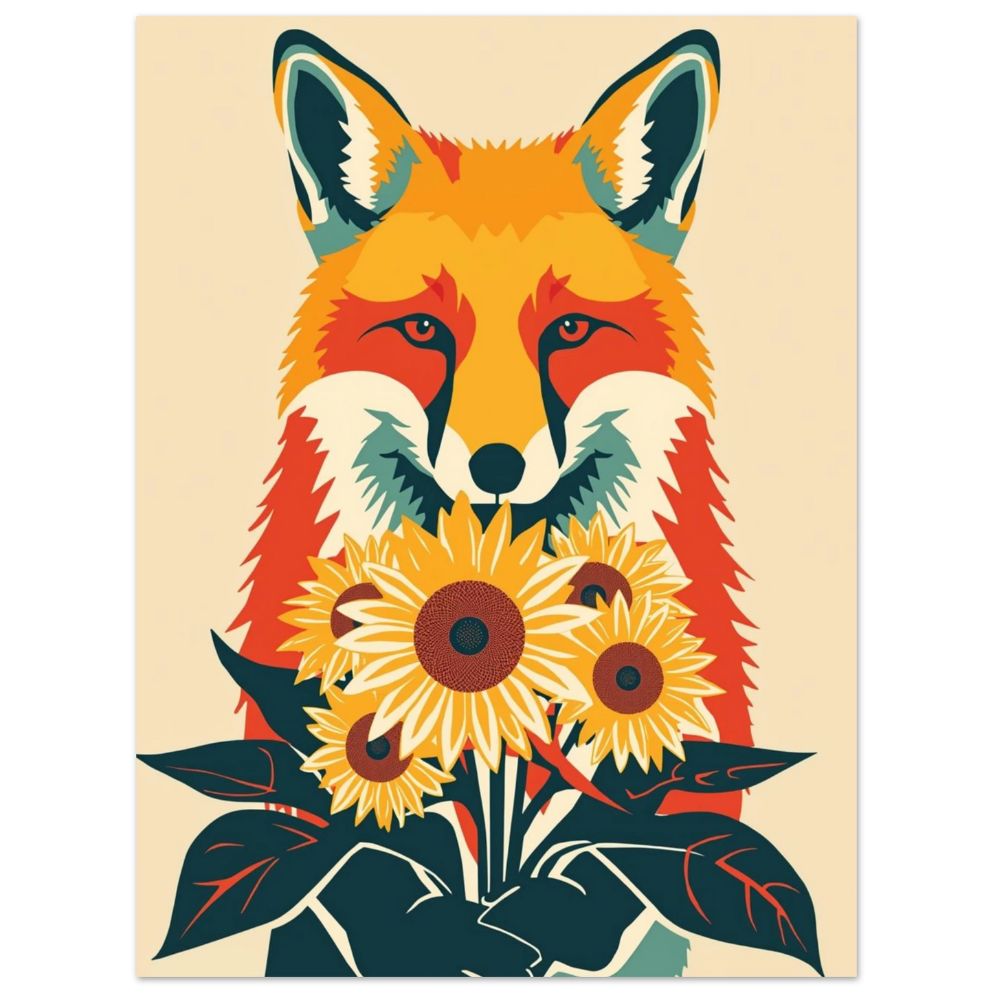 Konstnärligt print med rävmotiv och blommande solrosor för lekfull inredning