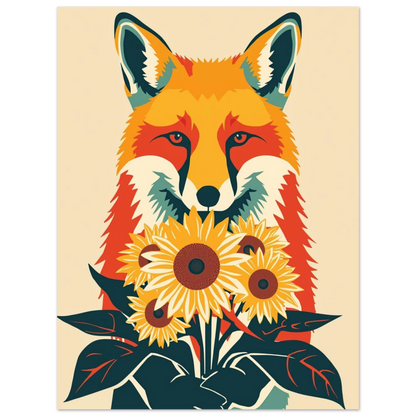 Konstnärligt print med rävmotiv och blommande solrosor för lekfull inredning
