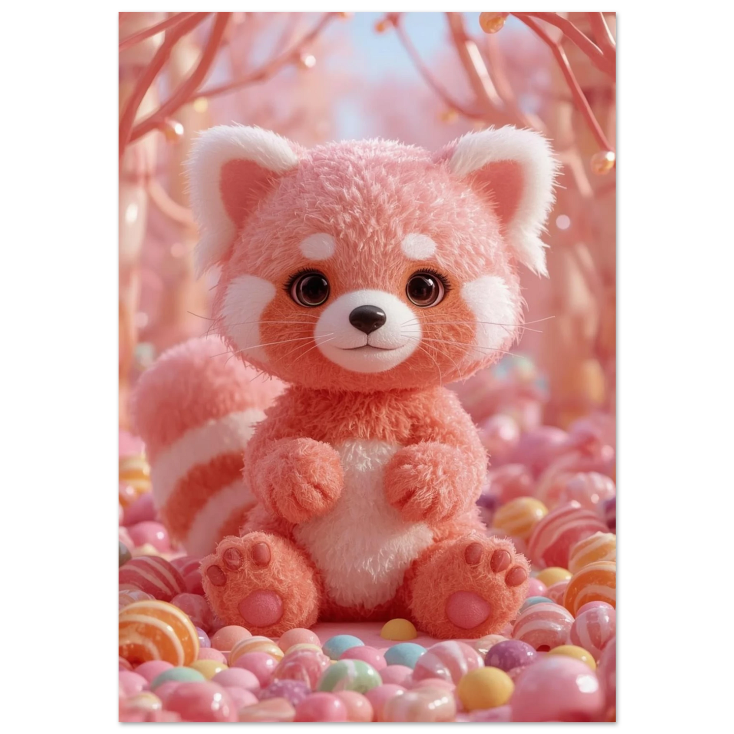 Rosa fluffig röd panda i en värld av glaserade karameller