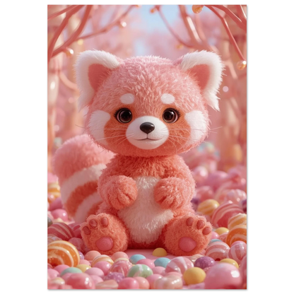 Rosa fluffig röd panda i en värld av glaserade karameller