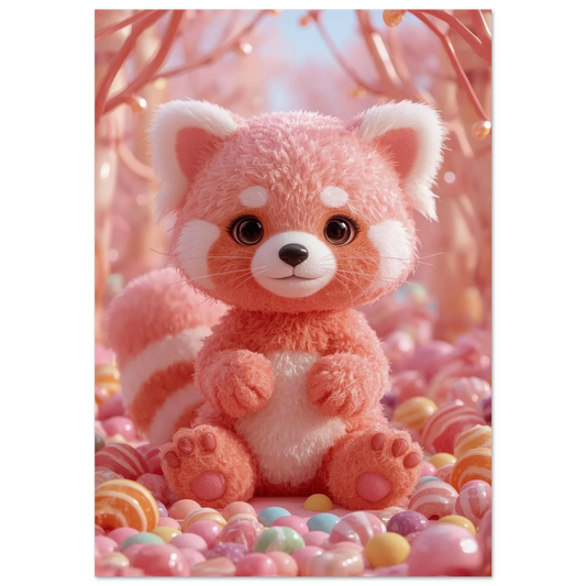 Rosa fluffig röd panda i en värld av glaserade karameller