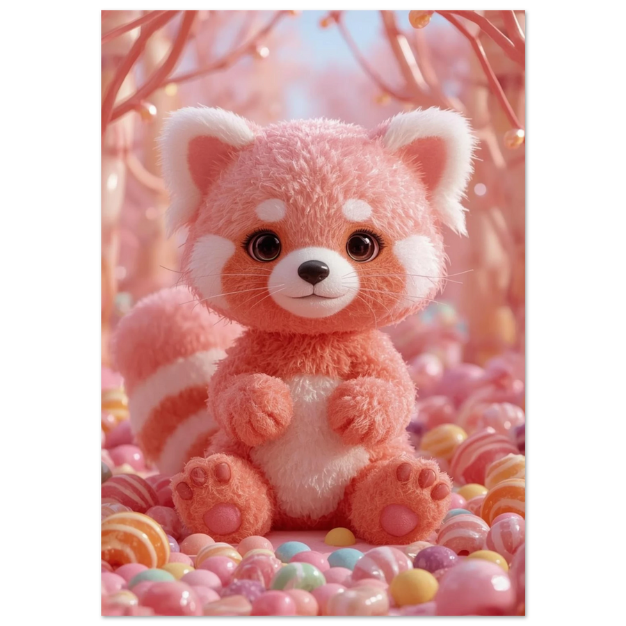 Rosa fluffig röd panda i en värld av glaserade karameller