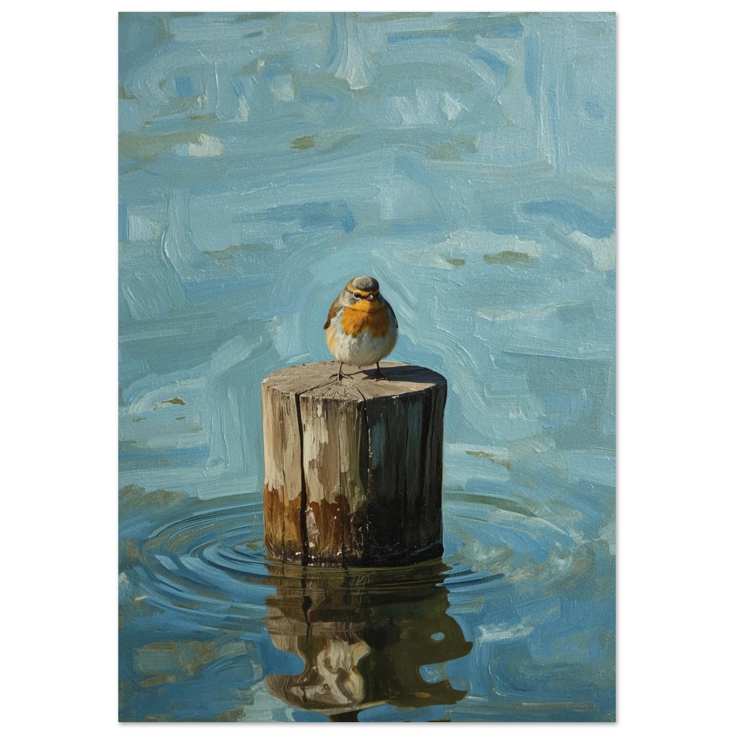Detaljrik rödhake på en trästolpe i vattnet, med penseldrag i impasto-stil – Målad poster