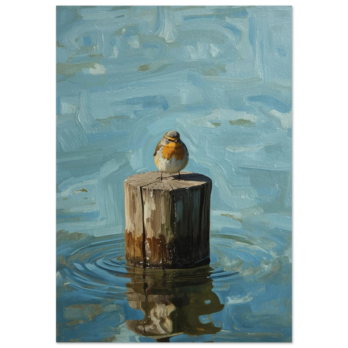 Detaljrik rödhake på en trästolpe i vattnet, med penseldrag i impasto-stil – Målad poster