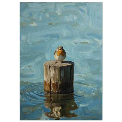 Detaljrik rödhake på en trästolpe i vattnet, med penseldrag i impasto-stil – Målad poster