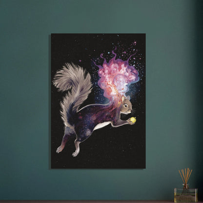 Kosmisk ekorre med galaxmönster och färgstarka nebulosor i rymden