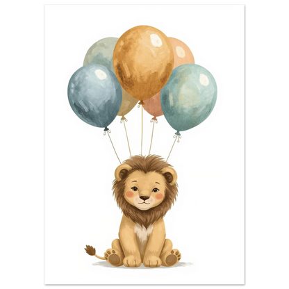 Liten lejonunge som sitter under svävande ballonger – mjuk djurposter