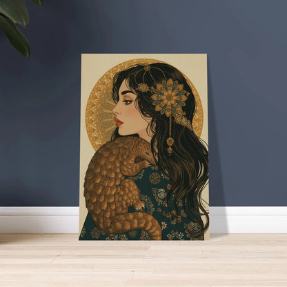 Myrkott vilande mot kvinnas axel, detaljerad illustration, lugn stämning