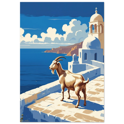 Brunvit get blickar ut över Greklands kust – vintageinspirerad djurposter
