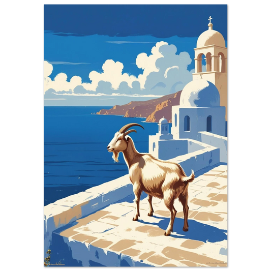 Brunvit get blickar ut över Greklands kust – vintageinspirerad djurposter
