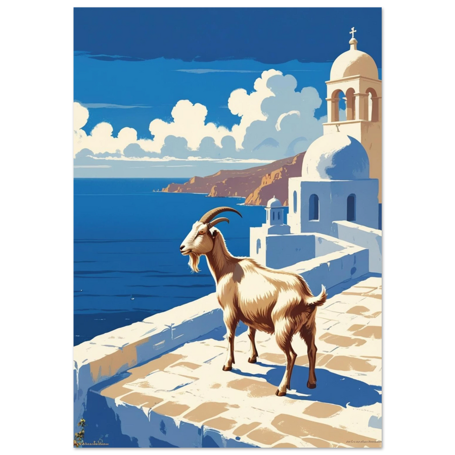 Brunvit get blickar ut över Greklands kust – vintageinspirerad djurposter