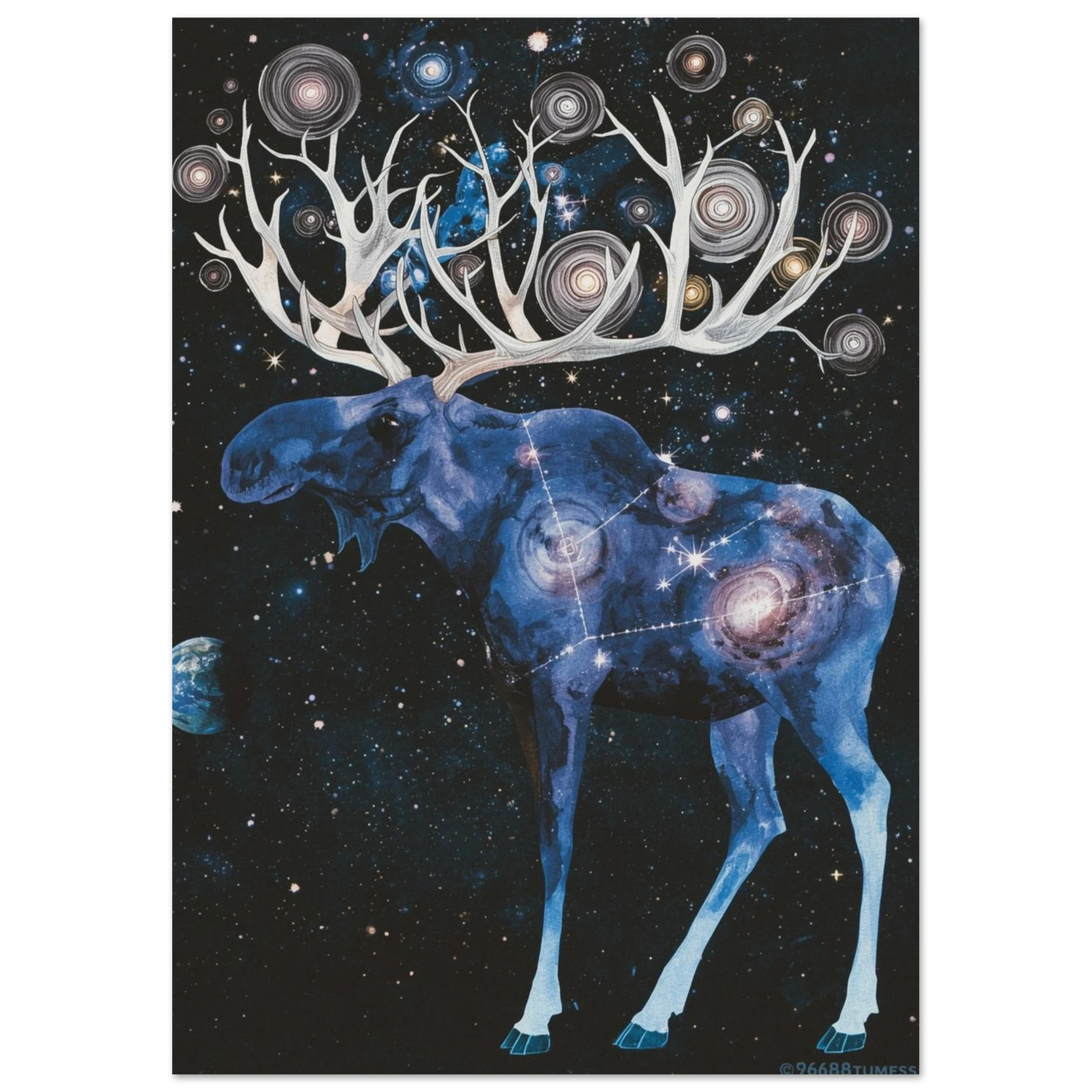 Surrealistisk akvarellmålning av en älg som rymmer hela universum – magisk tavla