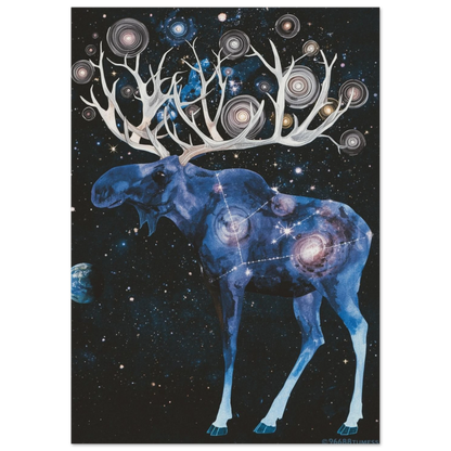 Surrealistisk akvarellmålning av en älg som rymmer hela universum – magisk tavla