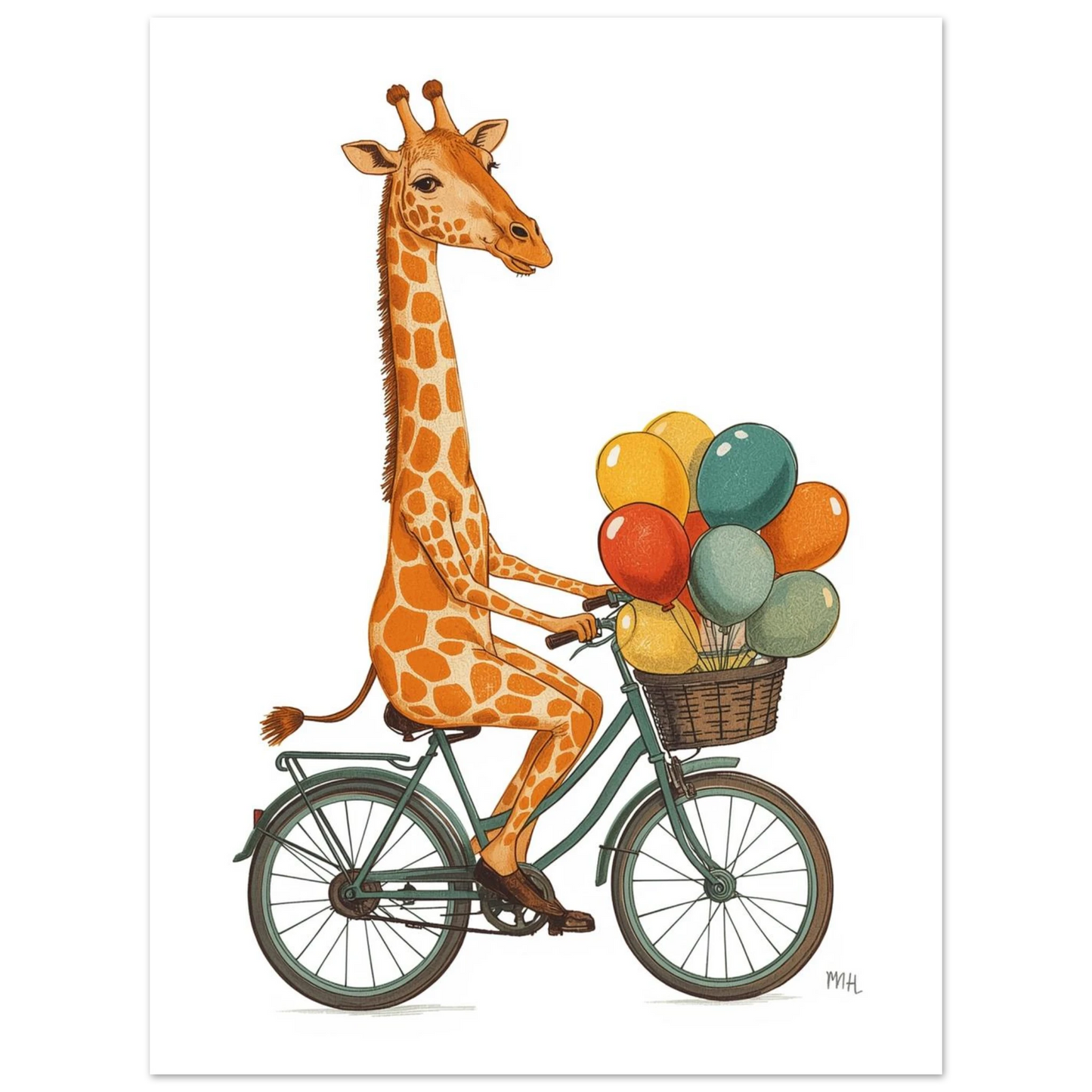 Färgglad barnposter föreställande en giraff med ballongkorg på sin cykel
