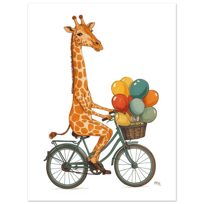 Färgglad barnposter föreställande en giraff med ballongkorg på sin cykel