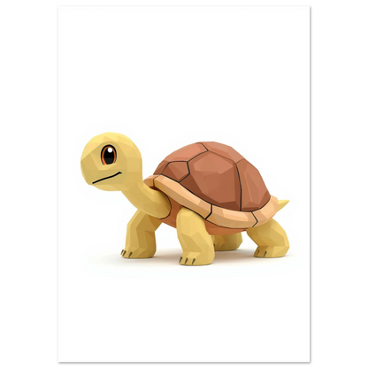 Stiliserad sköldpadda med stora ögon i 3D-inspirerad grafik, lekfullt motiv