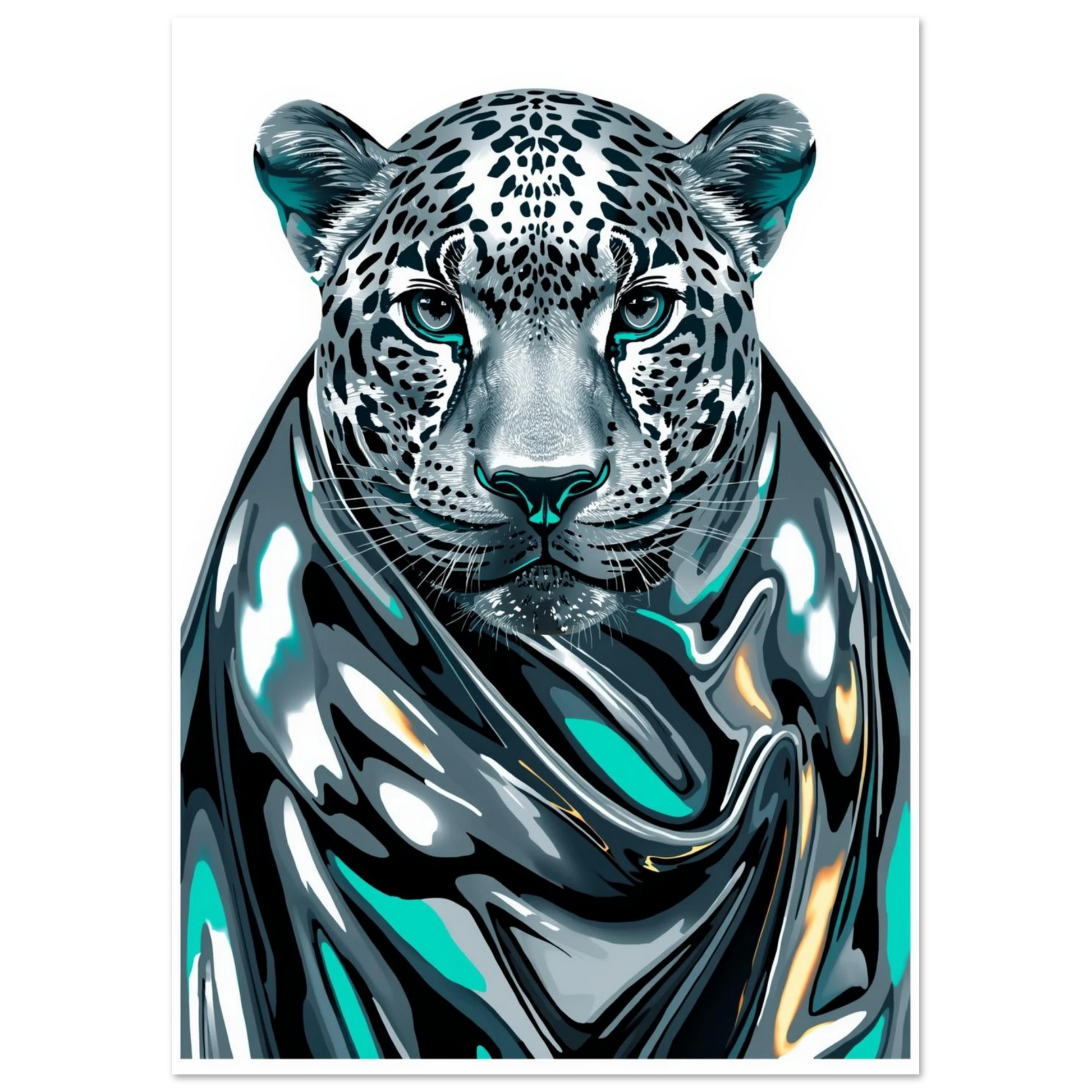 Modern djurposter föreställande en leopard i glänsande flytande metall-stil