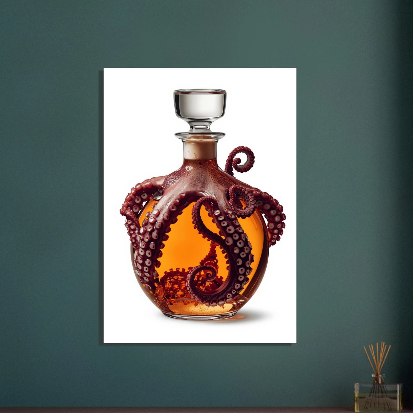 Bläckfisk som omfamnar en whiskykaraff, mystisk och konstnärlig design.