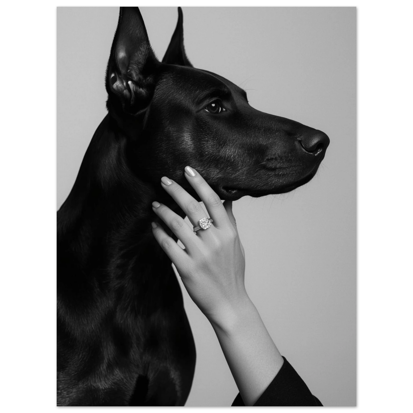 Elegant Dobermann i profil, konstnärligt fotografi av hund och människa