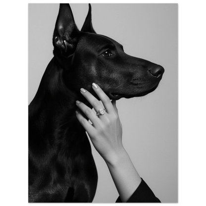 Elegant Dobermann i profil, konstnärligt fotografi av hund och människa