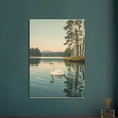 Svan på lugn sjö, omgiven av skog och björkar, retrostil.