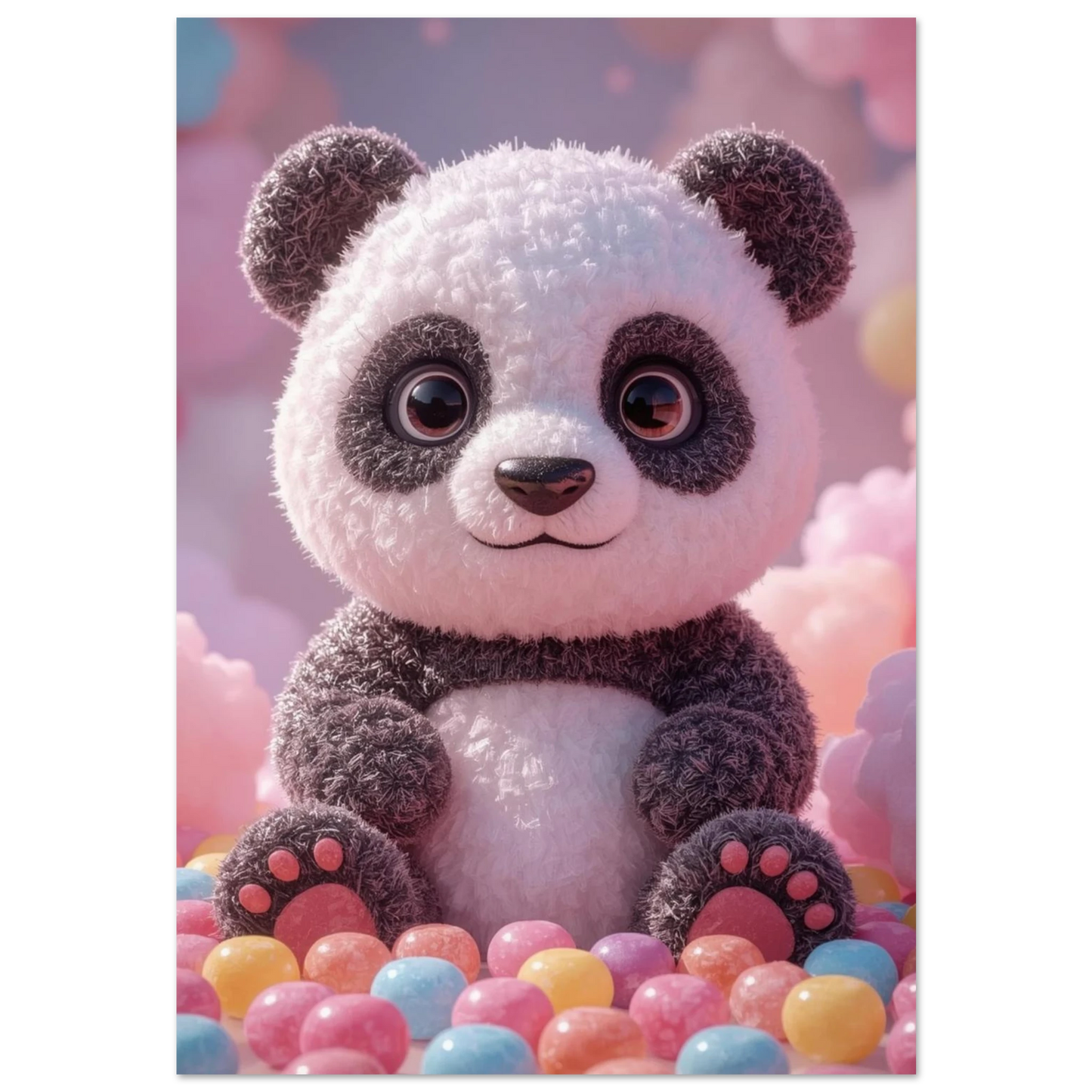 Fluffig panda i 3D-stil sittandes bland färgglada pastellfärgade godiskulor