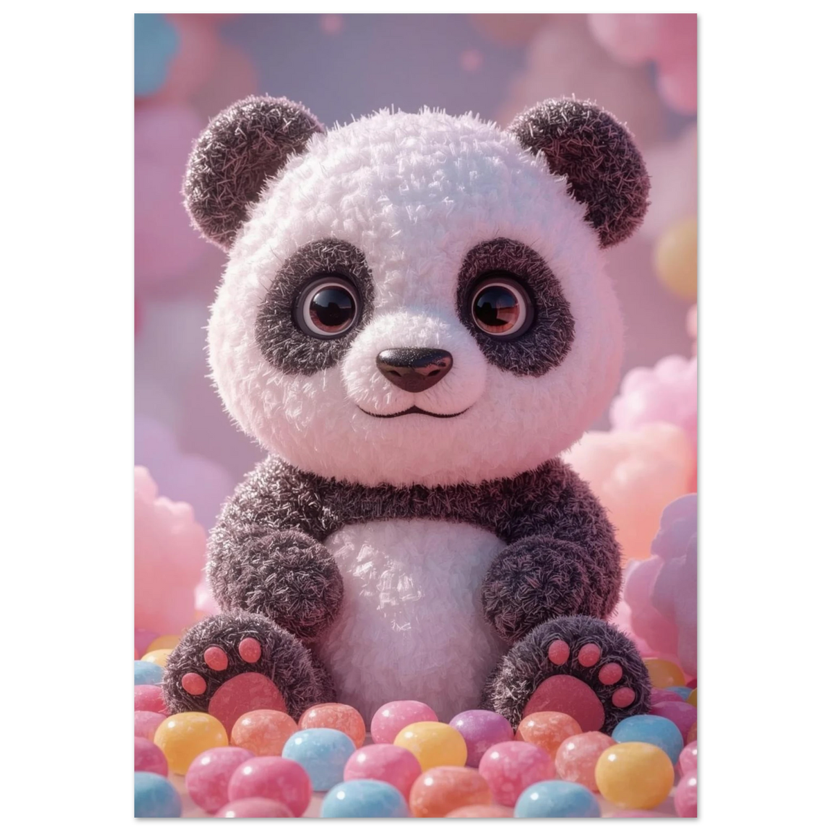Fluffig panda i 3D-stil sittandes bland färgglada pastellfärgade godiskulor