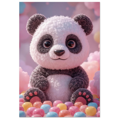 Fluffig panda i 3D-stil sittandes bland färgglada pastellfärgade godiskulor