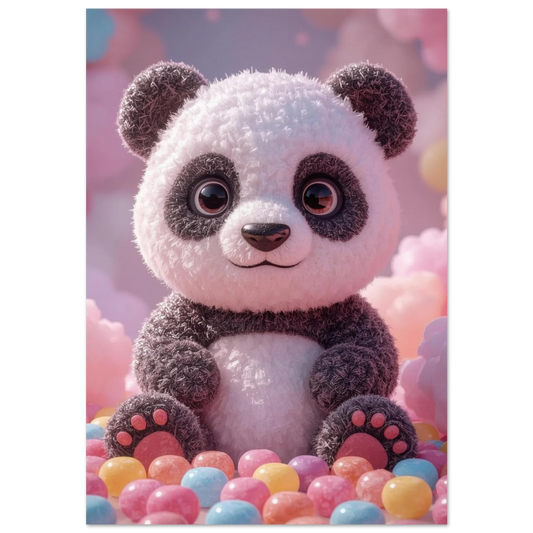 Fluffig panda i 3D-stil sittandes bland färgglada pastellfärgade godiskulor