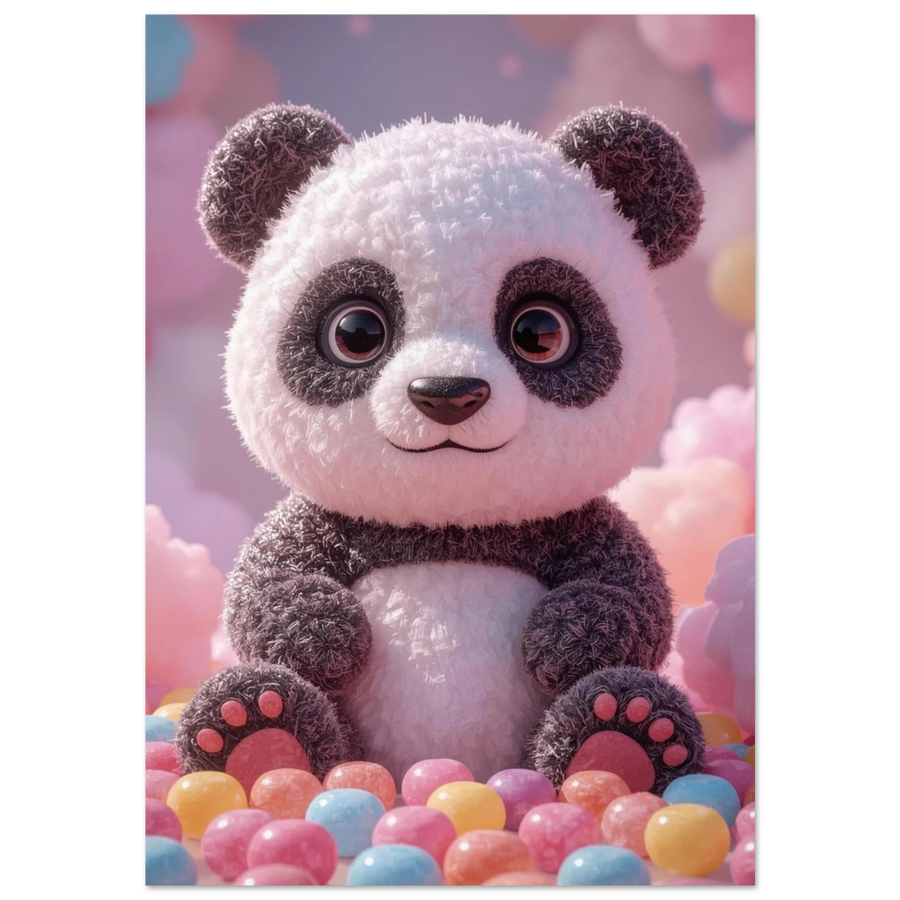 Fluffig panda i 3D-stil sittandes bland färgglada pastellfärgade godiskulor