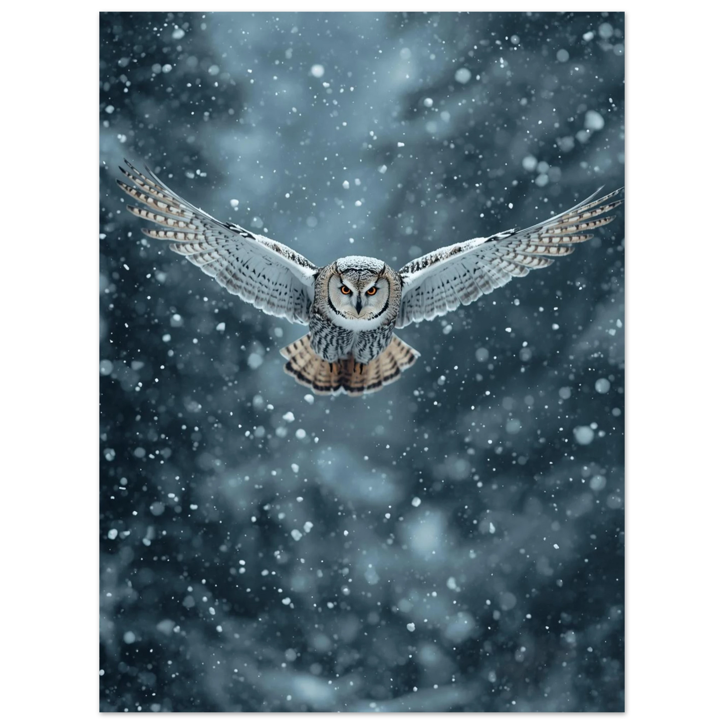 Dramatisk naturposter föreställande en uggla mitt i en snöstorm