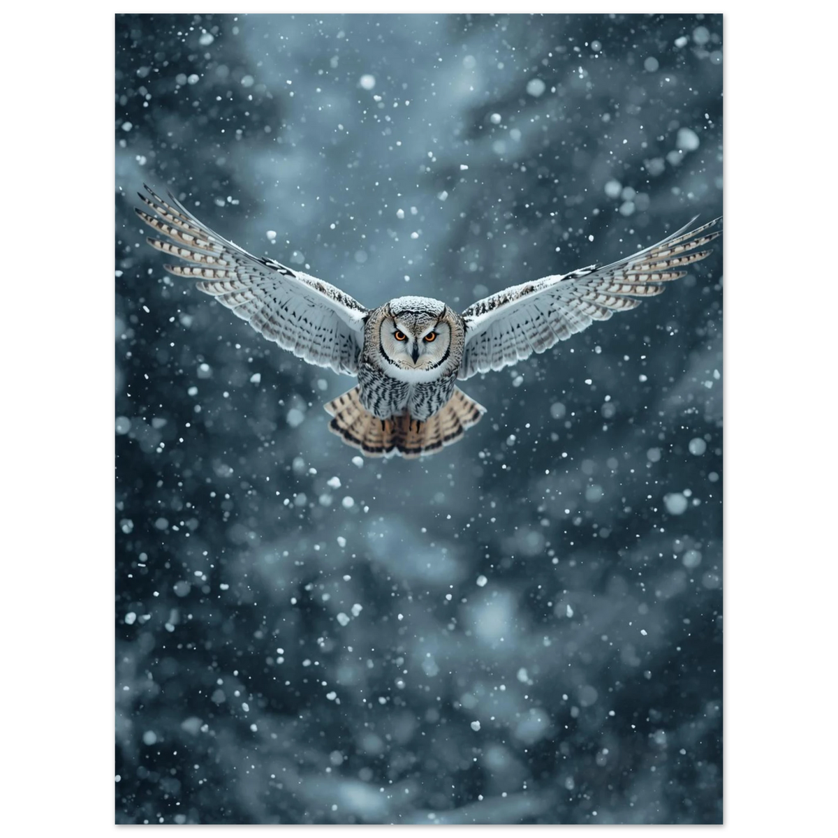 Dramatisk naturposter föreställande en uggla mitt i en snöstorm