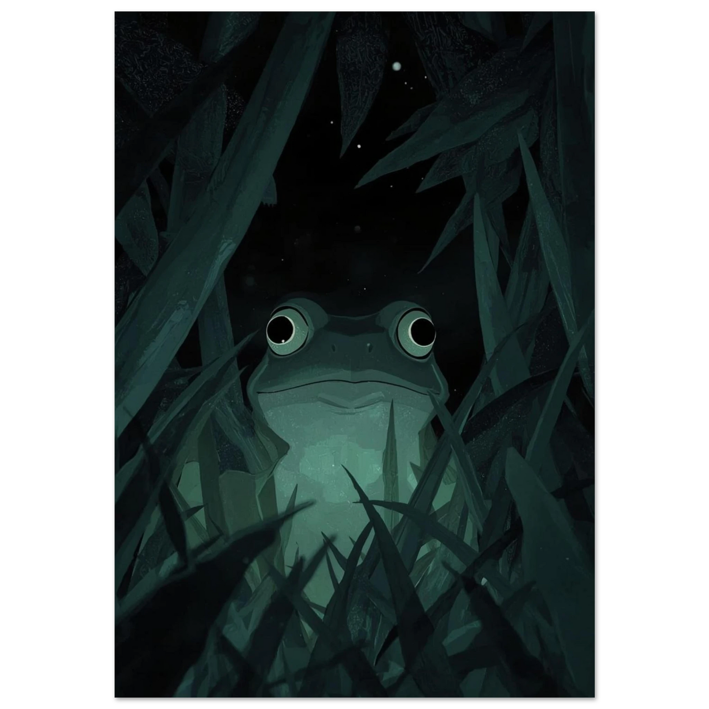 Grön groda som kikar fram ur mörkt gräs, digital illustration