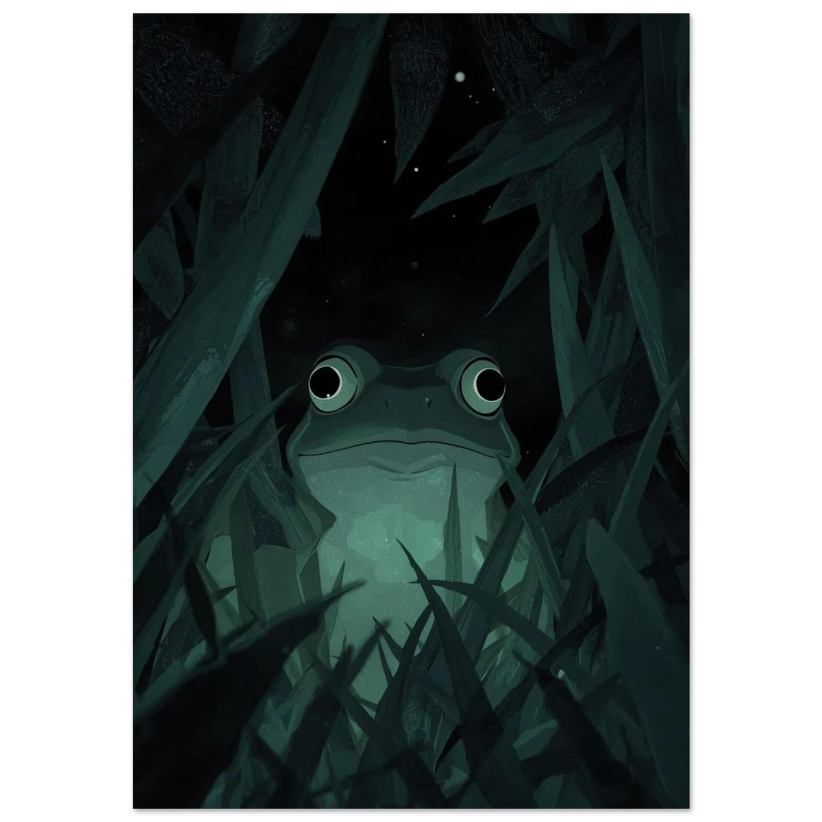 Grön groda som kikar fram ur mörkt gräs, digital illustration