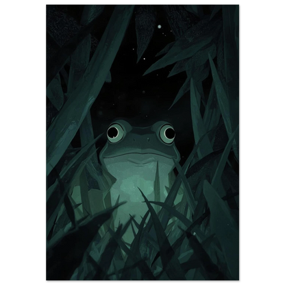 Grön groda som kikar fram ur mörkt gräs, digital illustration