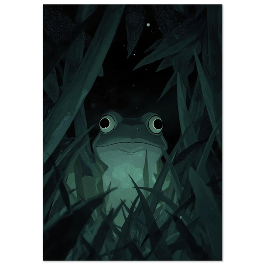 Grön groda som kikar fram ur mörkt gräs, digital illustration