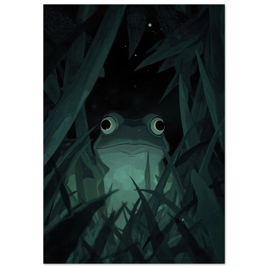 Grön groda som kikar fram ur mörkt gräs, digital illustration