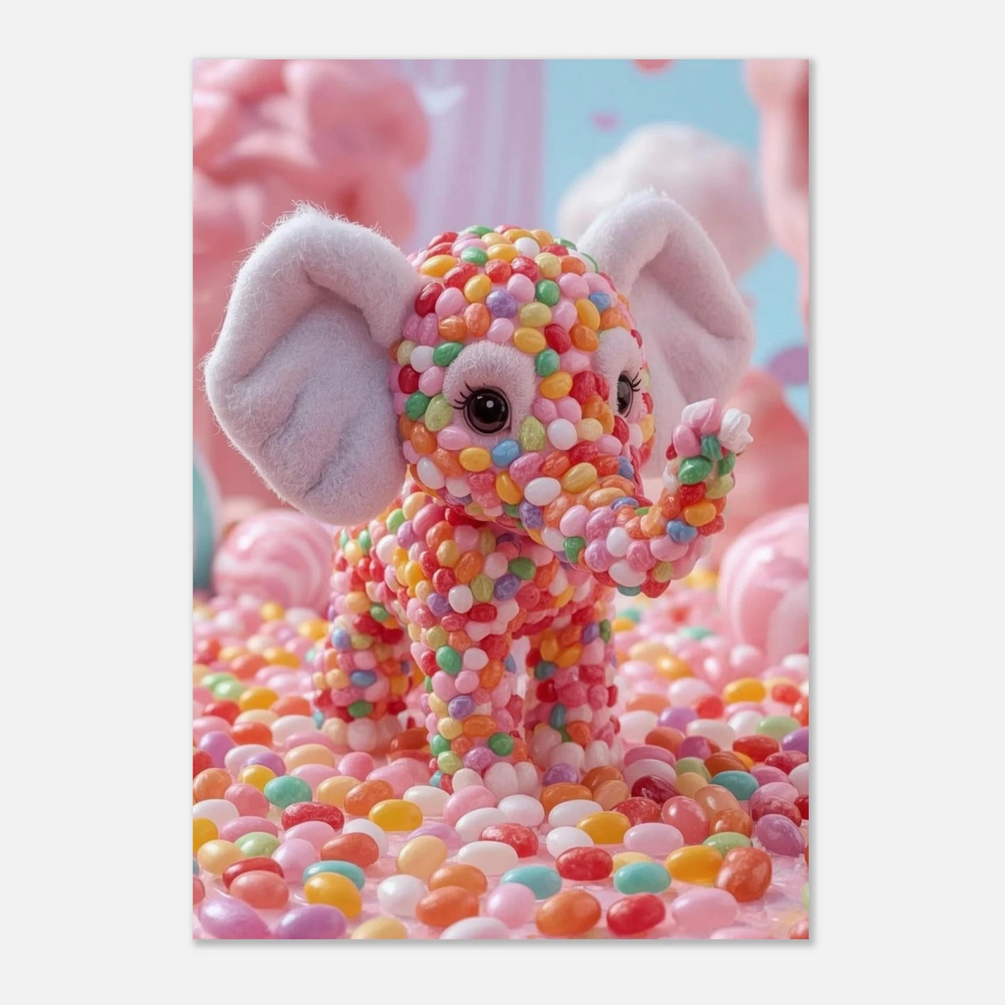 Drömlik poster med en elefant gjord av godis i ett rosa landskap